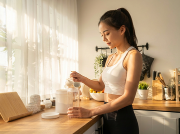 Mulher medindo creatina em casa, explorando os benefícios de creatina para que serve.