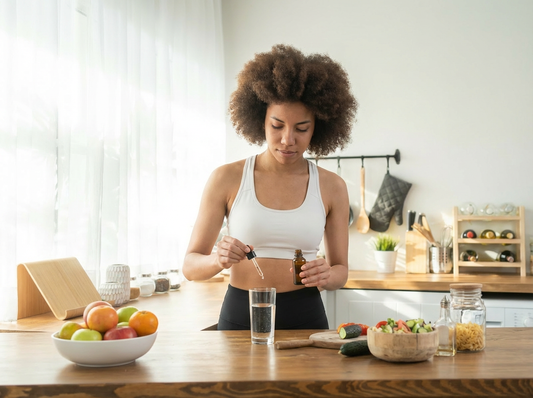 Mulher preparando suplementos diários na cozinha com frutas frescas ao fundo.