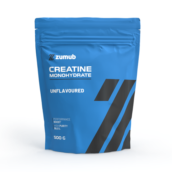 Pacote de Creatina Monohidratada Pó Zumub 500g, suplemento sem sabor para desempenho atlético.