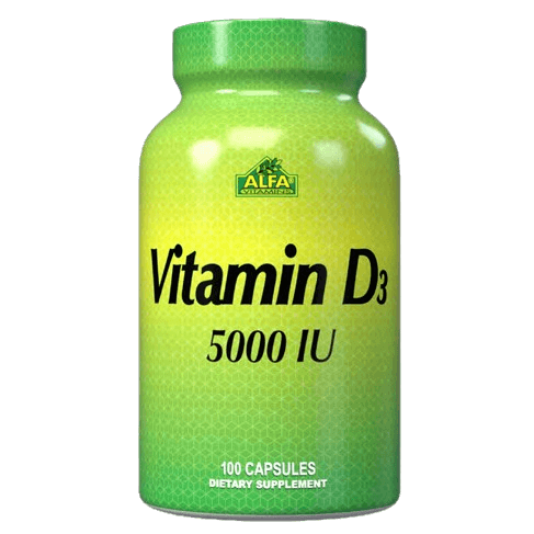 Frasco de vitamina D3 5000 IU da Alfa Vitamins, 100 cápsulas para ossos e sistema imunitário.