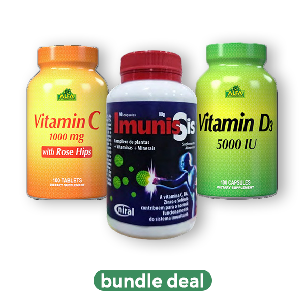 Pack de suplementos com Vitamina C, Imunis e Vitamina D3 para a defesa inverno saúde.