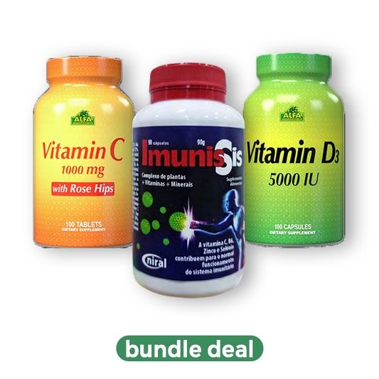 Pack de suplementos com Vitamina C, Imunis e Vitamina D3 para a defesa inverno saúde.