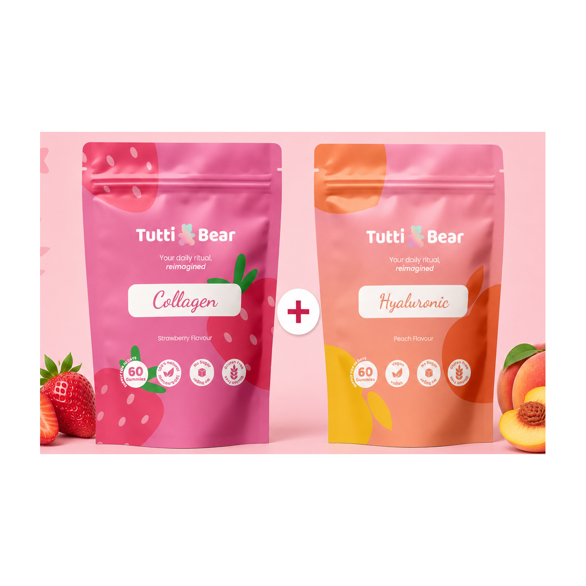 Tutti Bear Pack Colagénio Morango + Ácido Hialurónico Pêssego 120 Gomas